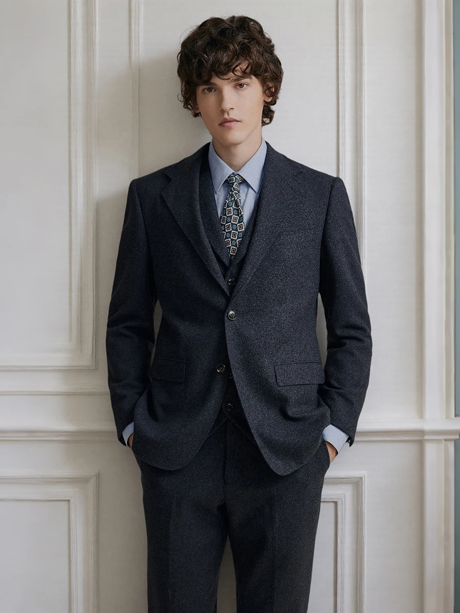 بدلة رجالية من الصوف الرمادي الفاخر 55% مكونة من 3 قطع، بدلة زفاف شتوية، 2025 نمط جديد ملابس رسمية لحفلات عيد الميلاد ملابس رسمية 58
