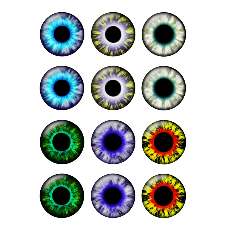 12pcs/lot Colorful Eye Pupil 10mm 12mm 14mm 16mm 18mm 20mm 25mm Round Photo Glass Cabochon Demo Flat Back Making Findings T102