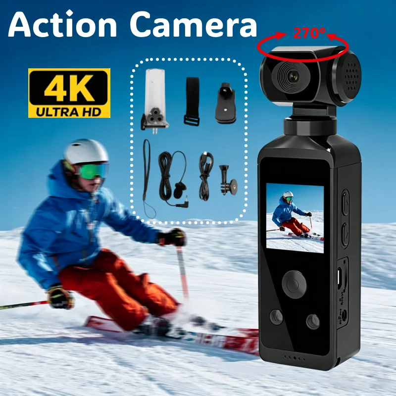 

4K Ultra HD Handheld Action Camera Portable Pocket Cam Anti-shake 270° Rotating Lengs Camera Travel Sports Vlog Vidoe Recorder