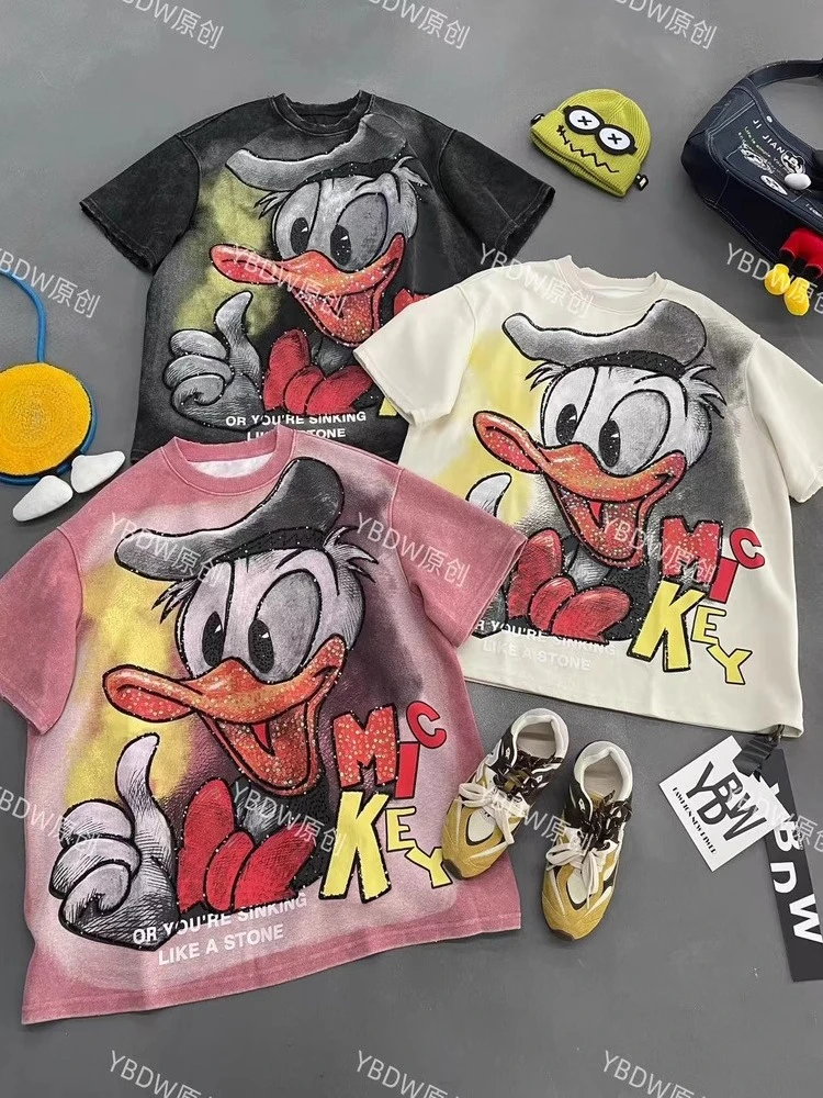 2025 خريف جديد الصناعة الثقيلة الكرتون Y2k تيز موضة متوسطة وطويلة متوسطة الحجم فضفاضة قصيرة الأكمام تي شيرت بلوفر علوي