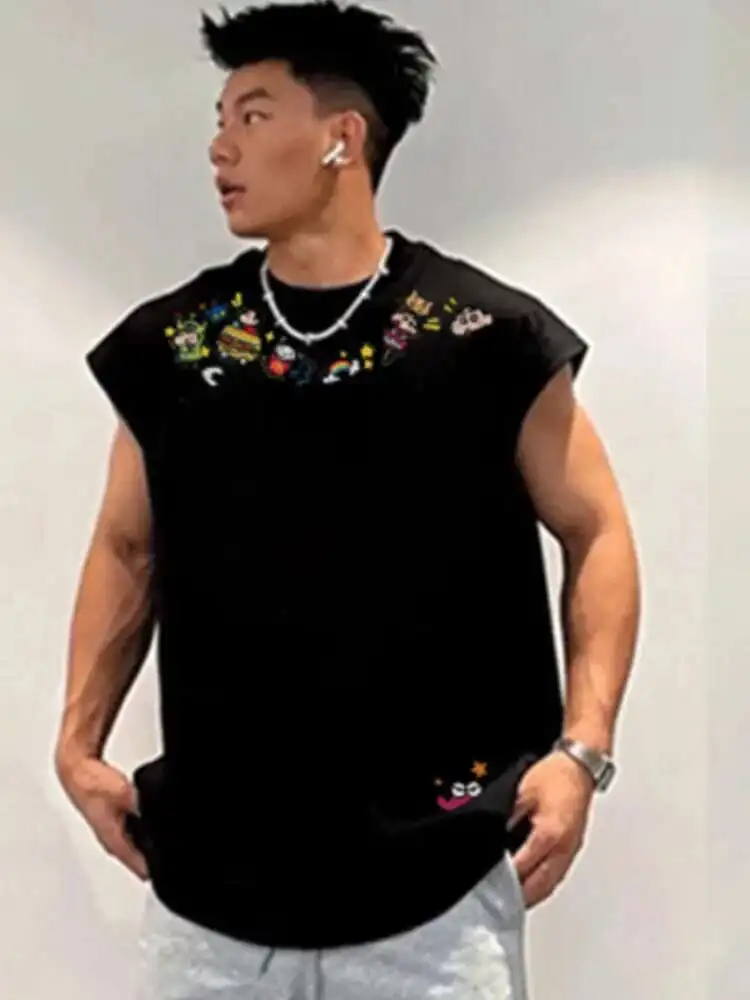 

100% Cotton Print Men Vest Summer Gym Solid Tank Tops Sleeveless Bodybuilding Clothing Fitness Workout Running Vest Sportswear