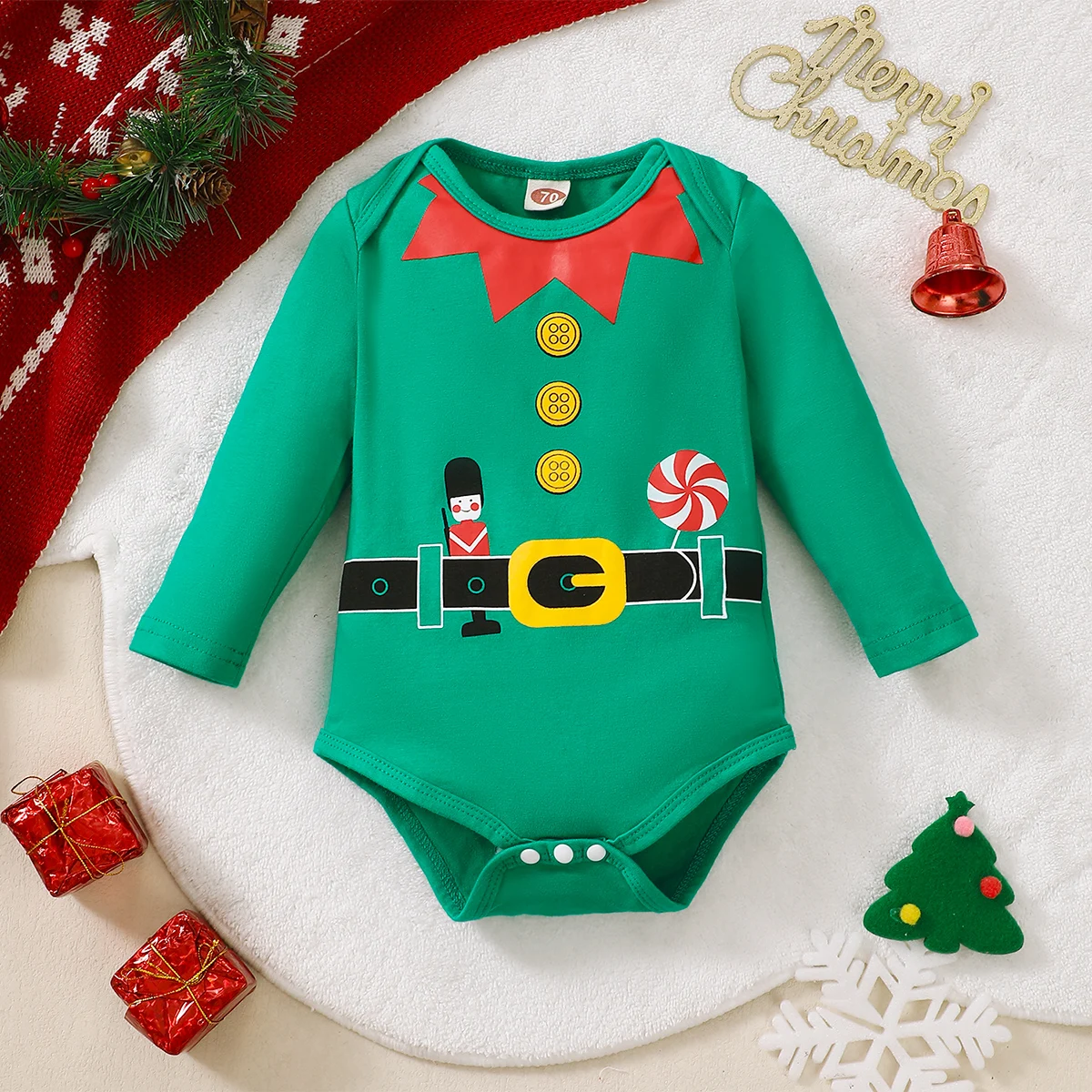 Baby Boy Christmas Costume Green Christmas Print Long sleeved Bodysuit Suitable for 0-18 Months Baby Boy Holiday Basics Jumpsuit