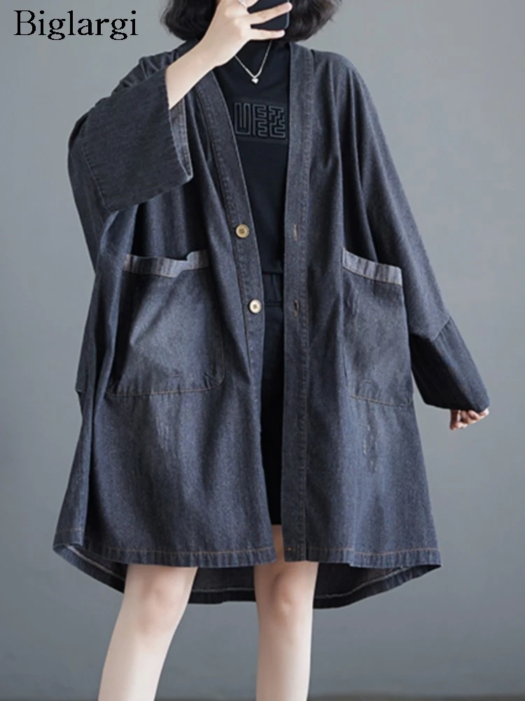 

Джинсовый осенний плащ большого размера, женские свободные модные ретро женские длинные женские пальто