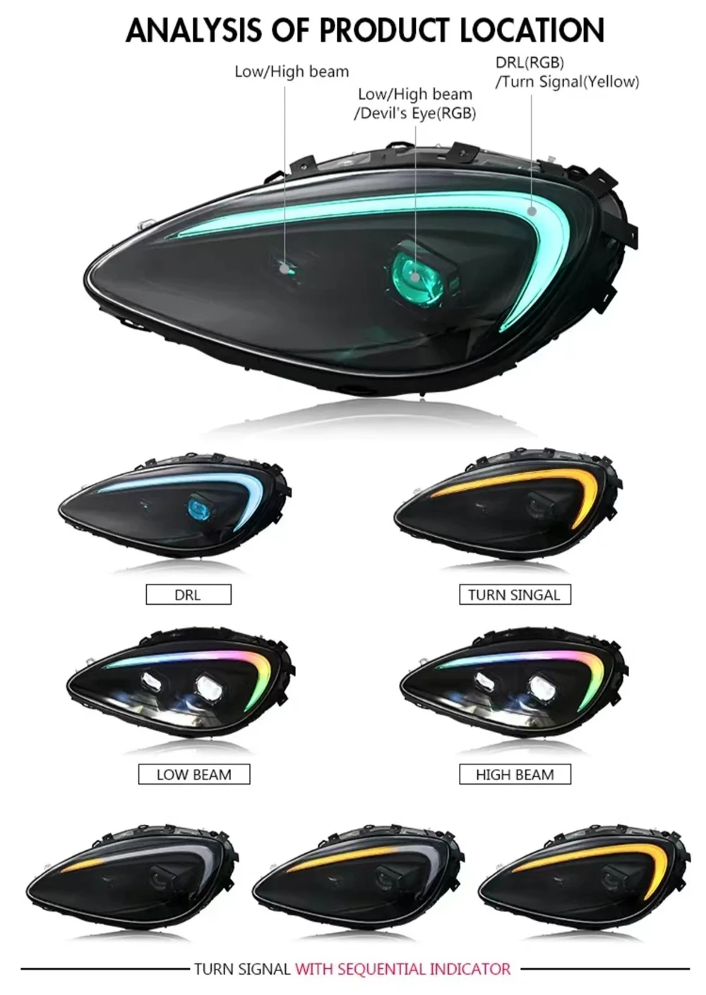 سيارة العلوي ل 2005-2013 تشيفي كورفيت C6 RGB LED المصابيح الأمامية الجمعية العارض اكسسوارات السيارات بدء التشغيل الرسوم المتحركة