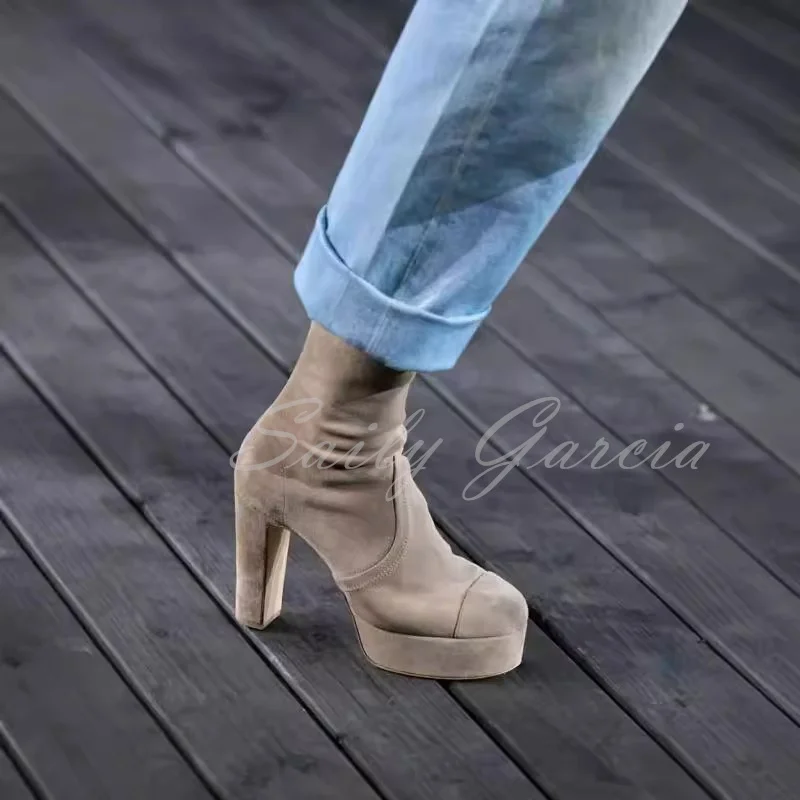 Apricot Colored Suede Platform Knee High Boot Women Round Toe Block Heel Side Zipper Winter Runway Luxury Designer Shoes