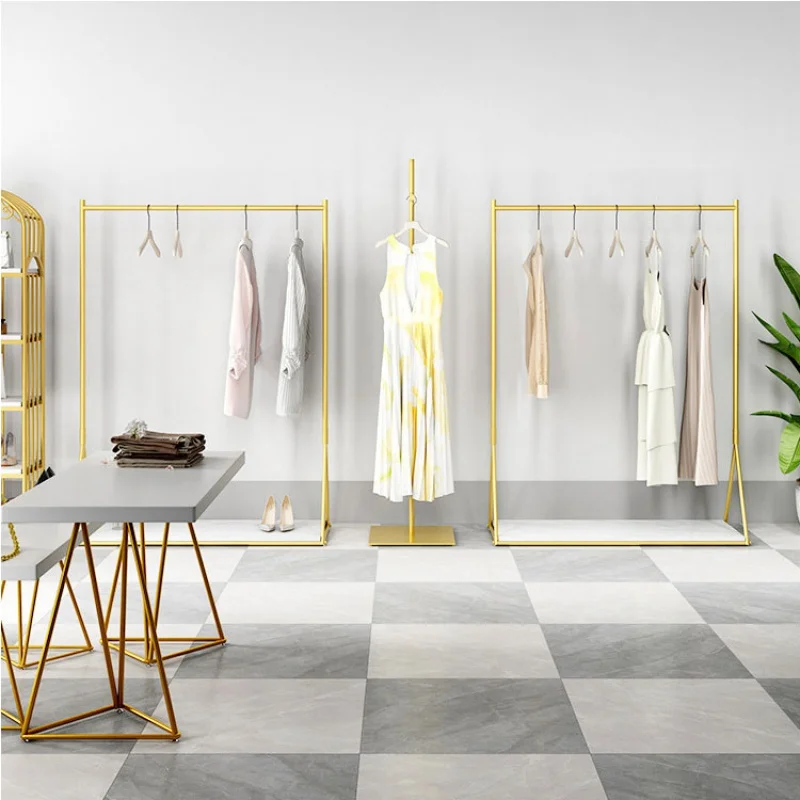 Custom, Custom Shopping Mall Gold Clothing Display Stand Retail Garment Store Metal Hanging Rack Shelf