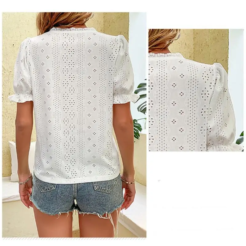 Faion Primavera Donna Camicetta in chiffon Casual Lady T irt Top Street Sle Splice Scava fuori Miscela di cotone ort Sve V Ne