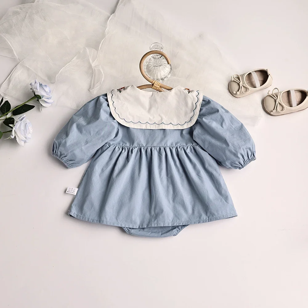 MILANCEL Autumn Solid Pleated Baby Bodysuit Toddler Girls Princess Clothes Emboridery Big Collar Infant Clothing