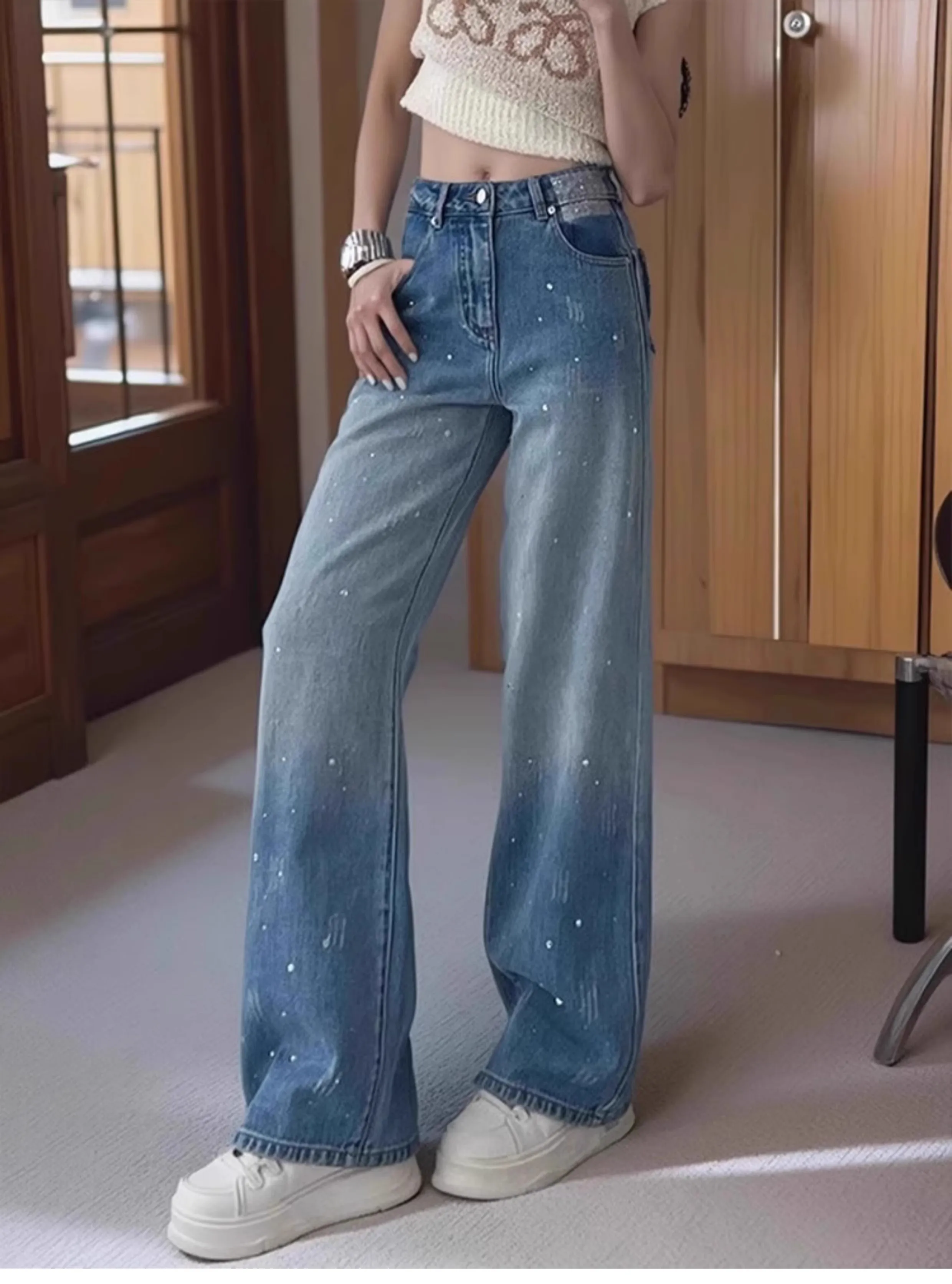 Y2K – jean dégradé à strass pour femmes, jambes larges, taille haute, amincissant, coupe ample, pantalon de sol, nouvelle collection printemps