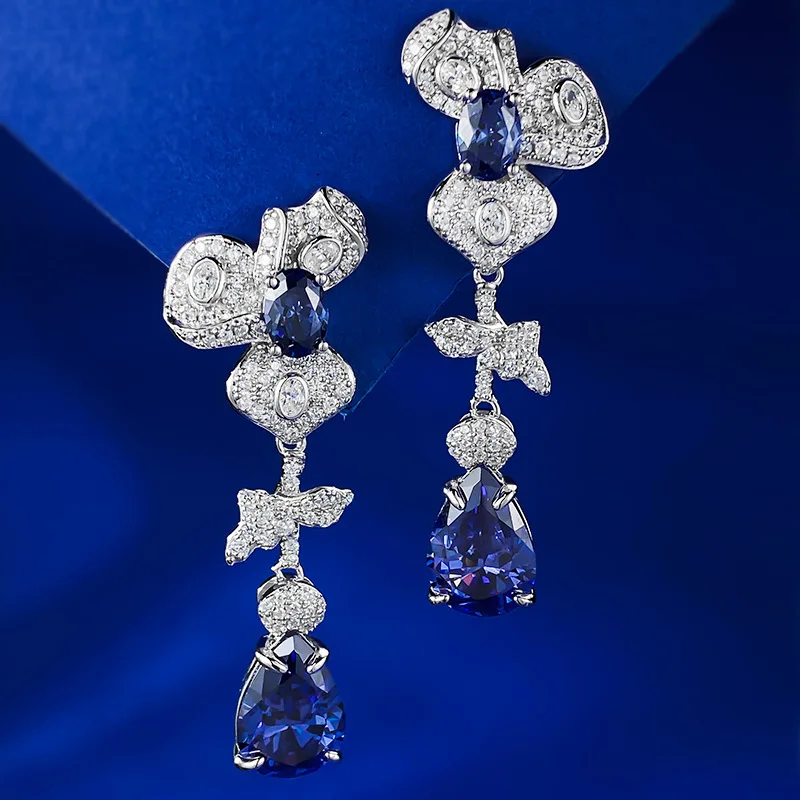 S925 Silver Live New 9 * 13 Pear shaped Tanzanian Blue Grand Full Diamond Earrings Light Luxury Premium 