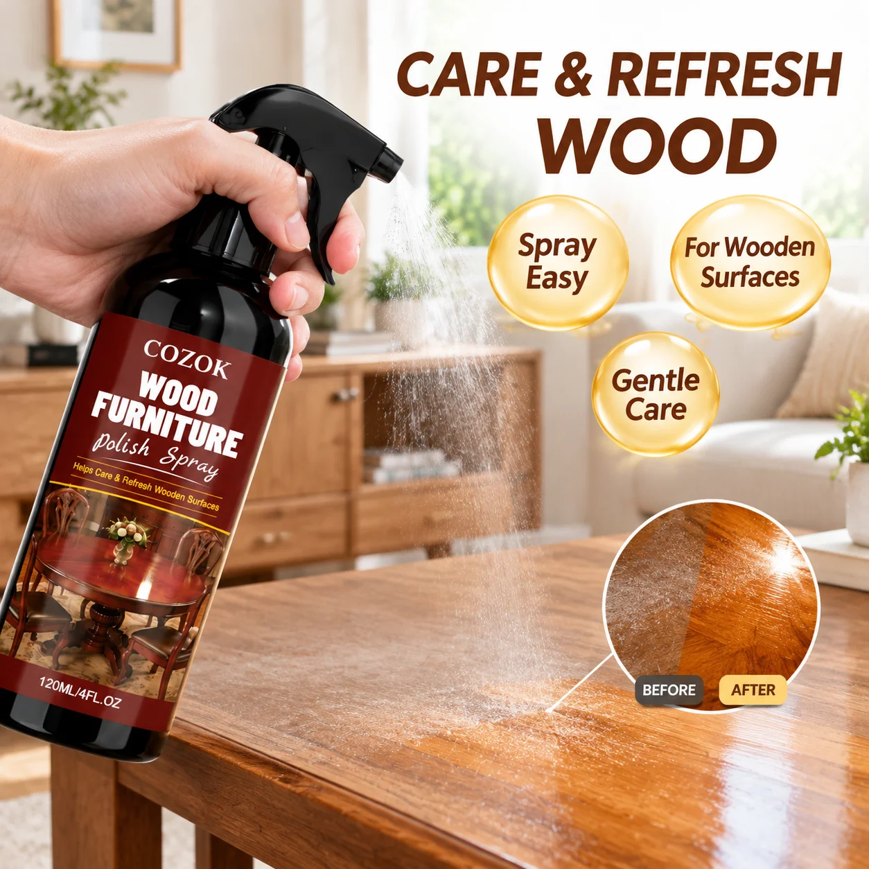 Beeswax Wood Polish Spray for Furniture, Dust Cleaner & Protective Care with Beeswax, Restores Shine, Nourishes Antique & Composite Wood, Prevents Cracking, Safe for All Wood Types, Includes Sponge & Cloth, No Sticky Residue, Quick Furniture Repair