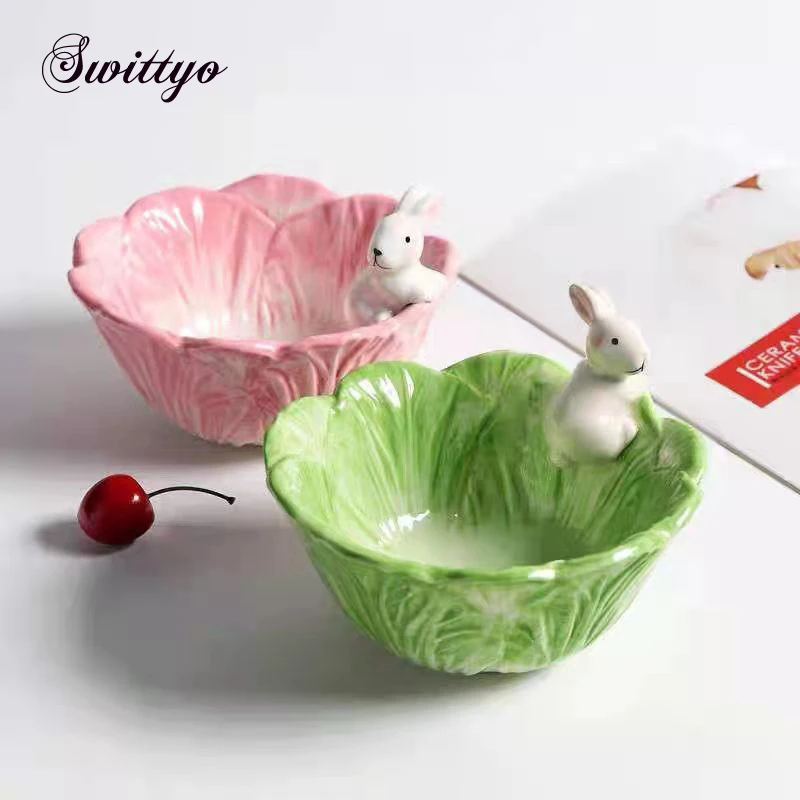 Ceramic Salad Serving Bowl Bunny Rabbit Easter Sunday Day Tablewares Cabbage Fruit Dessert Plates Kitchen Dinner Dishware