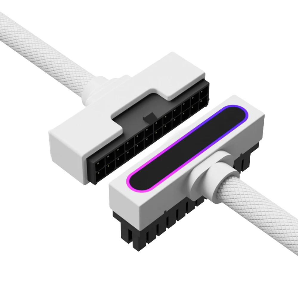 Black White 90 Degree ARGB Sync ATX 24Pin 24P Motherboard Extension Cable Ultra-Flexible Textured 24Pin Cable Left Right Turn