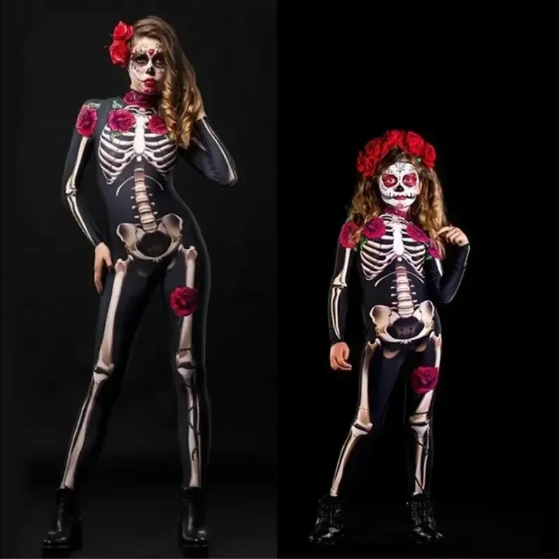 Halloween assustador cosplay esqueleto rosa sexy feminino diabo vampiro macacão festa carnaval traje assustador bebê menina dia dos mortos