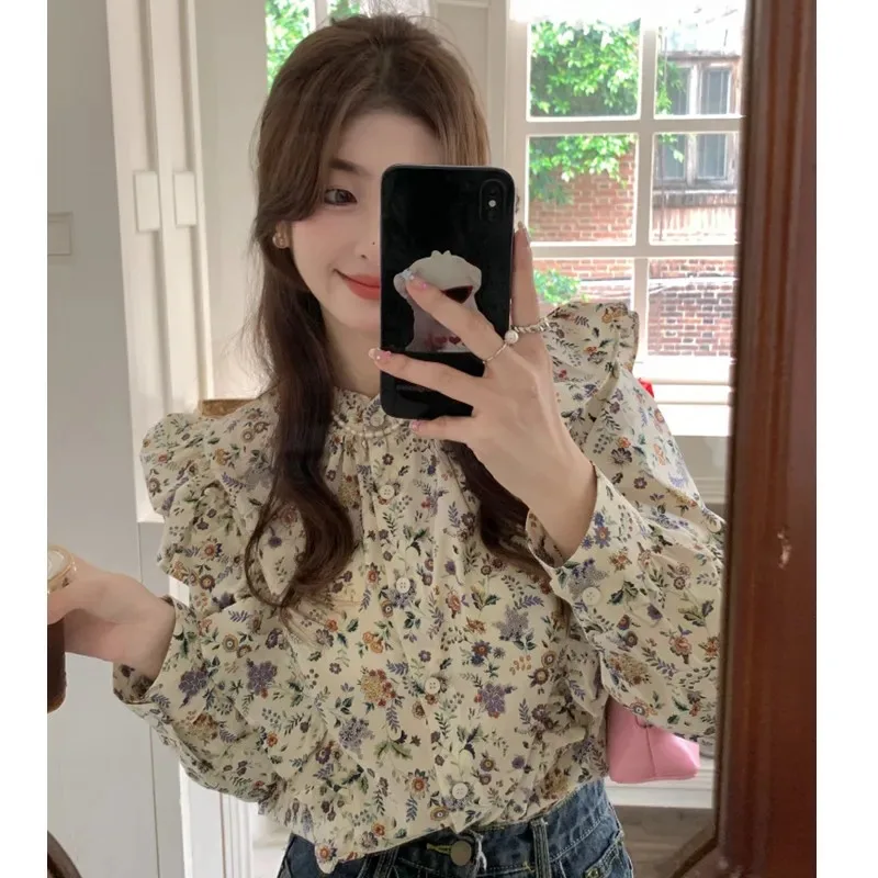 Camisa Floral de manga larga otoño nuevo francés dulce mujer Top suelto
