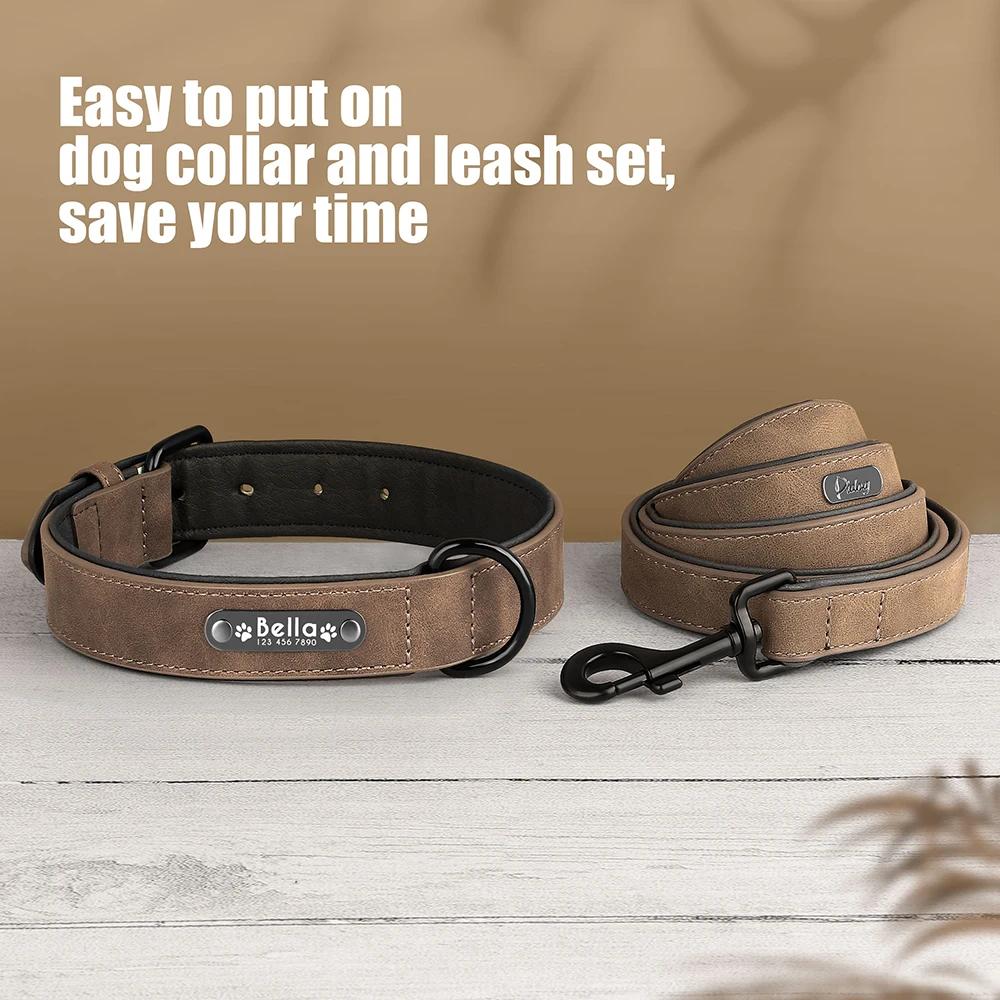 Personalisiertes PU-Leder-Hundehalsband-Leinen-Set, weich gepolsterte Hundehalsbänder, gravierte Haustier-ID-Halskette mit Leine für kleine große Hunde, Mops – Detail 15