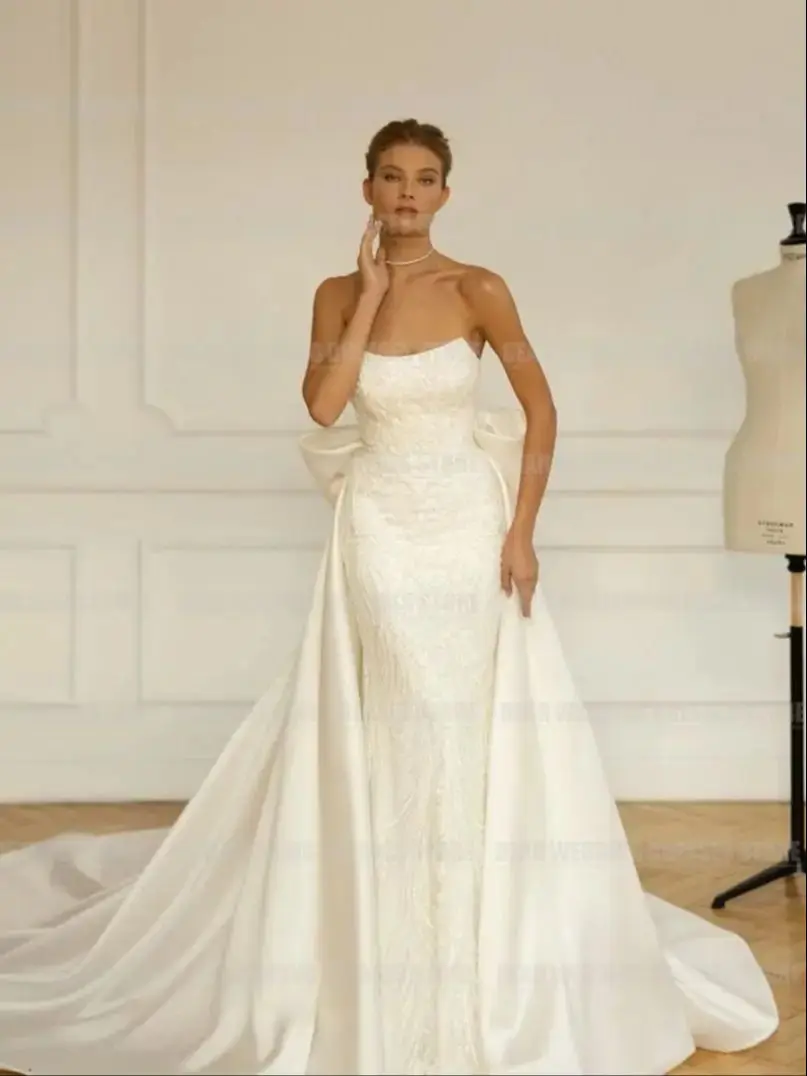 Semplici bellissimi abiti da sposa affascinanti sirena senza maniche Sexy 2 In 1 senza maniche fiocco In raso splendidi abiti da sposa Vestidos