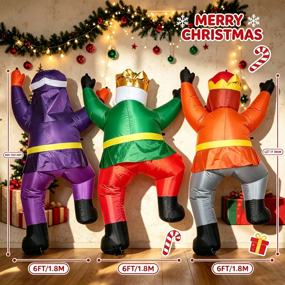 6FT Christmas Three Kings Inflatable Climbing Wall Set, Blow Up Back Reyes Magos Wall Hanging Decor, Built-in LED Lights