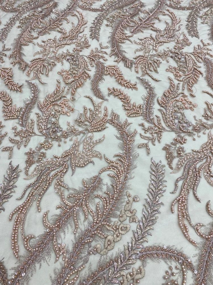 

Fabric Wide 130cmx 100cm Lace Light Apricot-Colored Handmade Beaded Sequins Embroidery Soft Gauze DIY Dress Spring and Summer