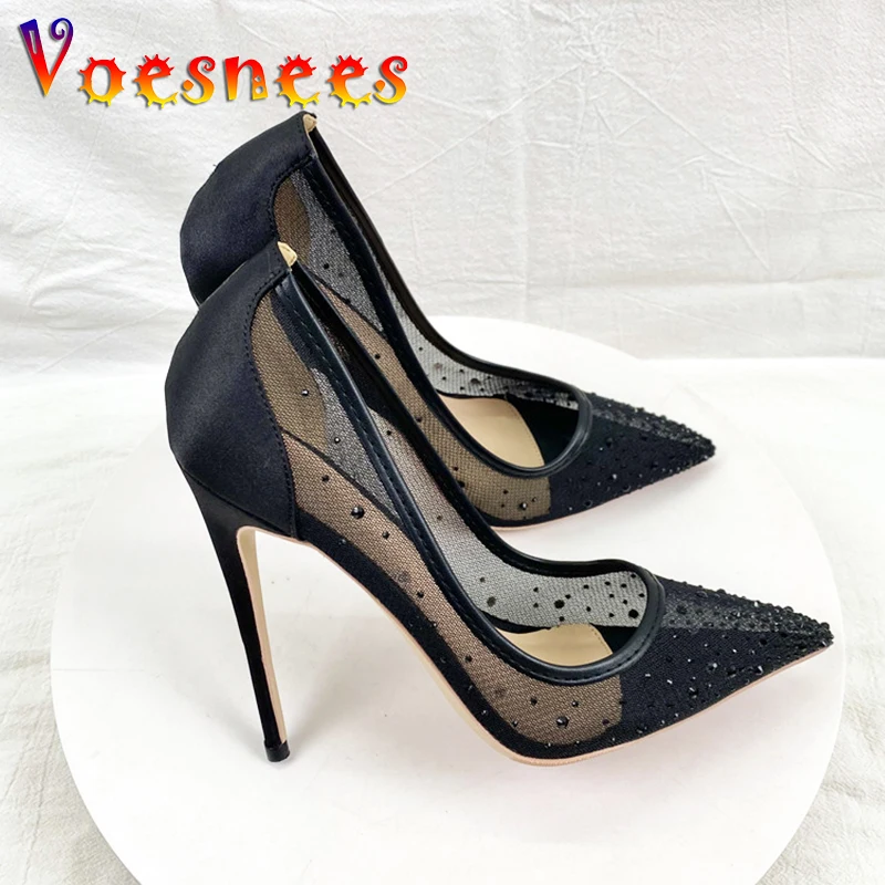 Summer Rhinestone Inlaid Cool High Heels High-quality Breathable Mesh Fashion Single Shoes 12CM Sexy Pointed Tip Women's Pumps