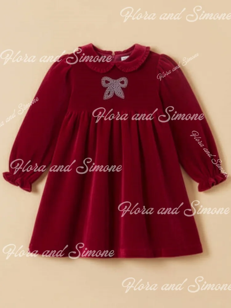 Customized Red velvet bow Long sleeves Flower Girl Dress for Christmas celebration Wedding Ceremonies Formal Receptions Birthday