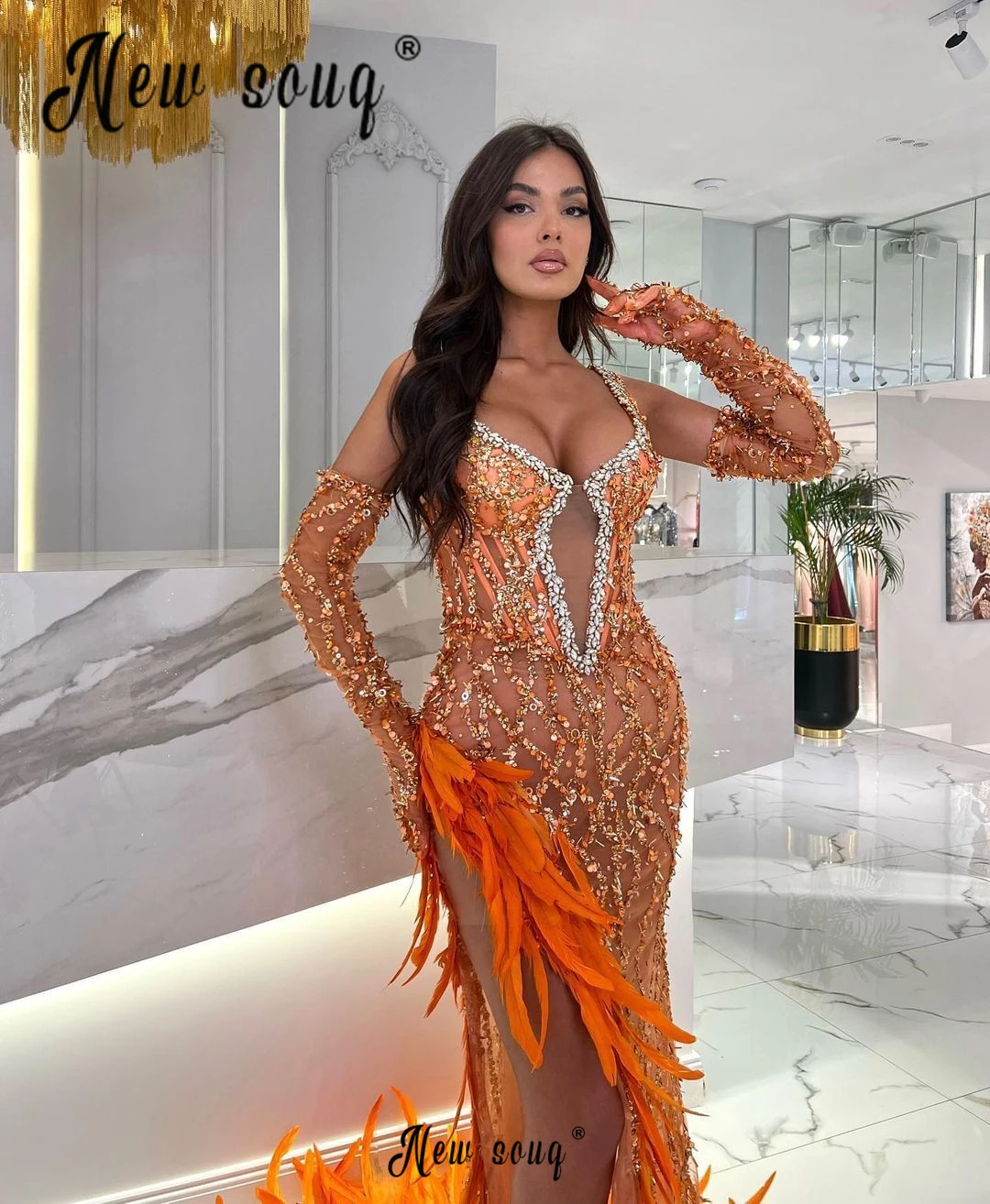 Robe de Soirée Formelle avec Plumes Orange, Bretelles Spaghetti, Fente Latérale Profonde, Poignées, Manches Amovibles, ixde Gala, Femme Africaine, Quelle que soit la 2024