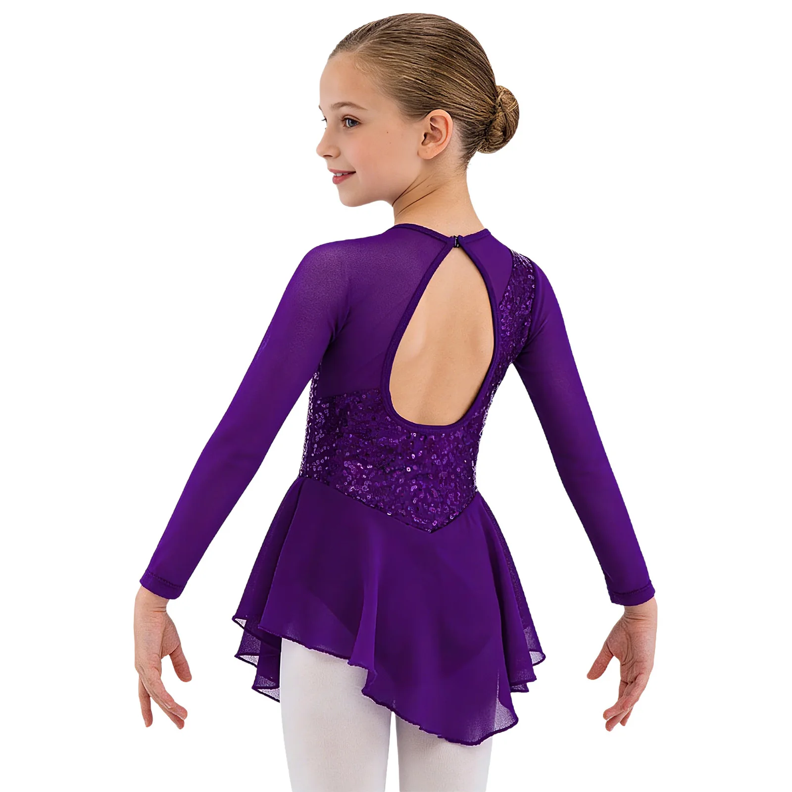 New Kids Girls Shiny Sequin Ballet Jazz Dance Dress Long Sleeve with Flower Figure Skating Performance Party Costumes Dancewear