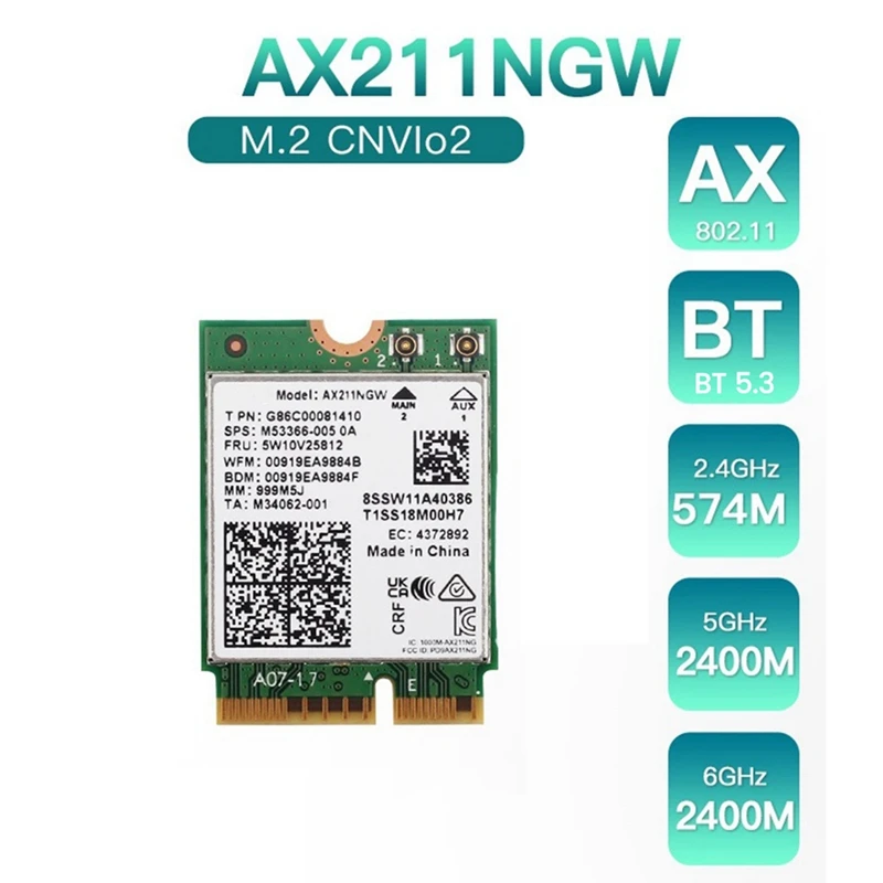 AX211NGW WiFi 6E Tri Band 2.4G/5G/6Ghz Rede Sem Fio Cartão Wifi Bluetooth 5.3 AX211 M.2 CNVio Wifi Cartão Sem Fio