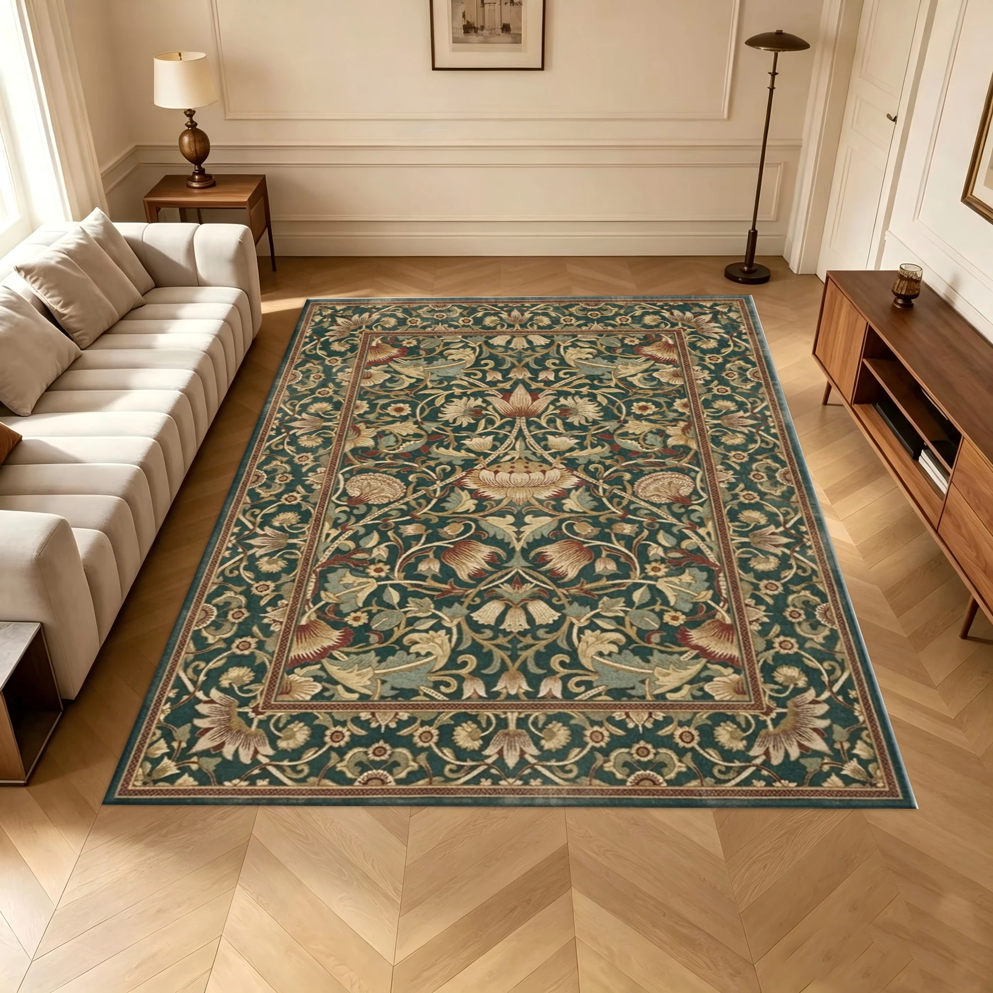 Vintage Oriental Floral Border Carpet Retro Green Plant Pattern Floor Rug Suitable for Living Room Bedroom Home Decoration