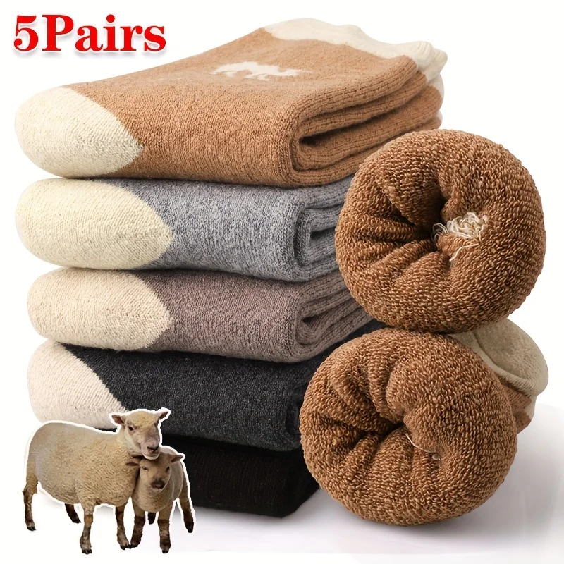 5 Pairs Thermal Winter Socks Thickened Plush Sweat-Wicking Mid-Calf Socks Soft Elastic Cold-proof Outdoor Sport Hiking Socks