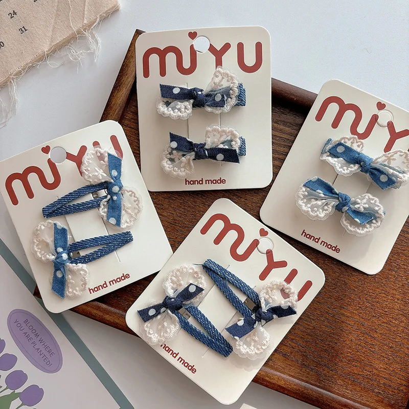 

Korean Hair Clips 2Pcs Set Denim Lace Bow Polka Dot Barrette Non-Slip Grip for Girls Side Bangs Adjustable Kids Hair Accessories