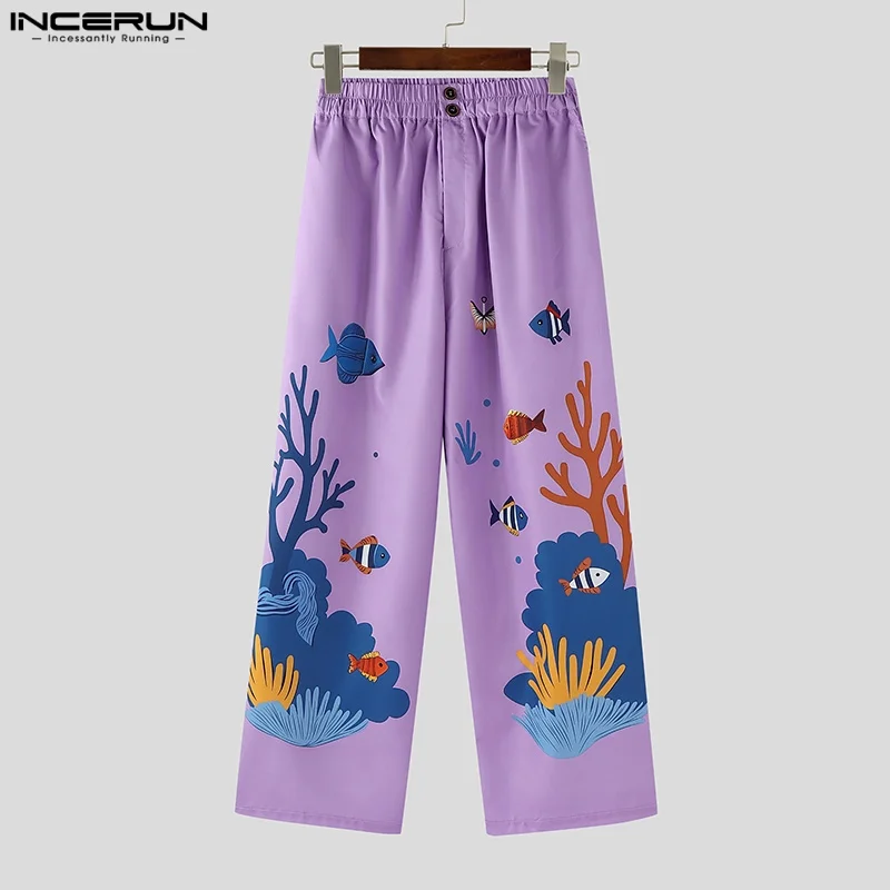 INCERUN Men's Pants Printing Elastic Waist Joggers Loose Casual Straight Trousers Men Streetwear 2025 Fashion Long Pants S-5XL