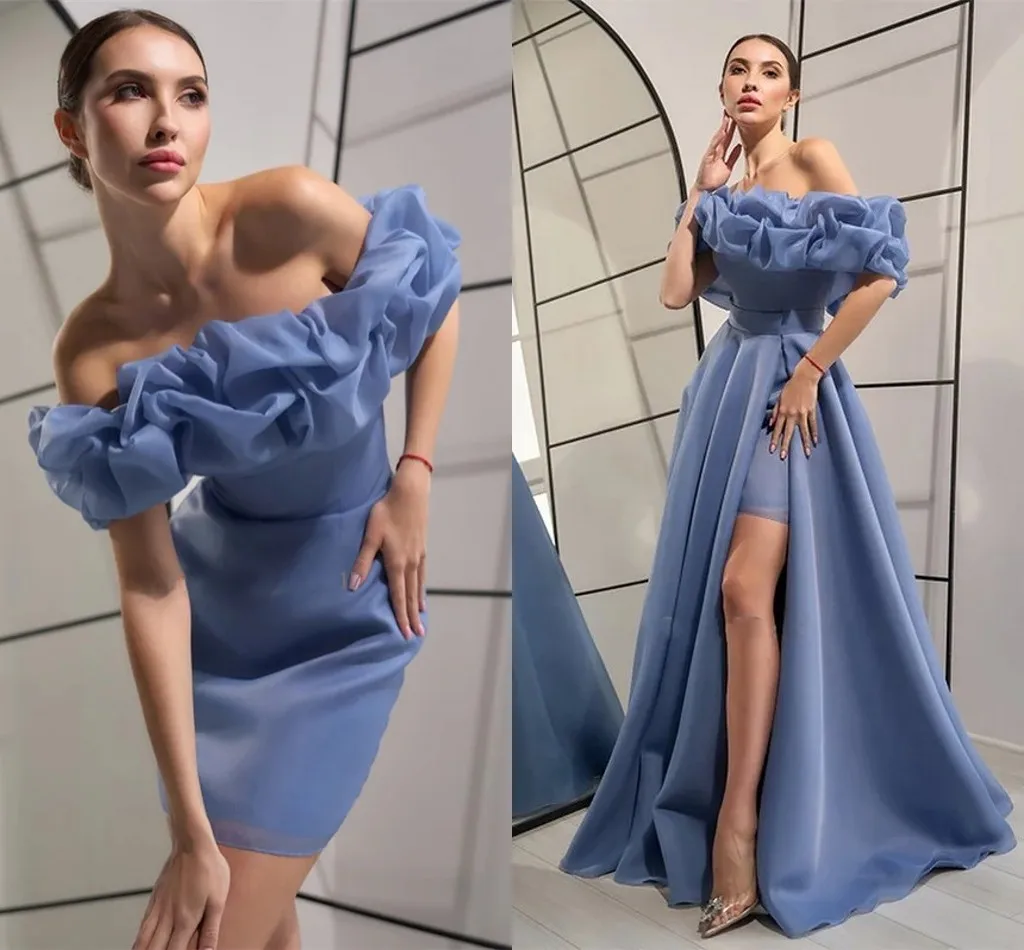

New Modern Blue Prom Party Dress Detachable Train Off the Shoulder Slit Ruffles Organza Evening Formal Dresses Gowns