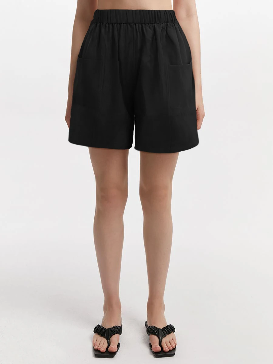 Women's Summer High Waist Elastic Loose Baggy Wide Leg Shorts with Pockets Solid Color Comfortable Daily Wear