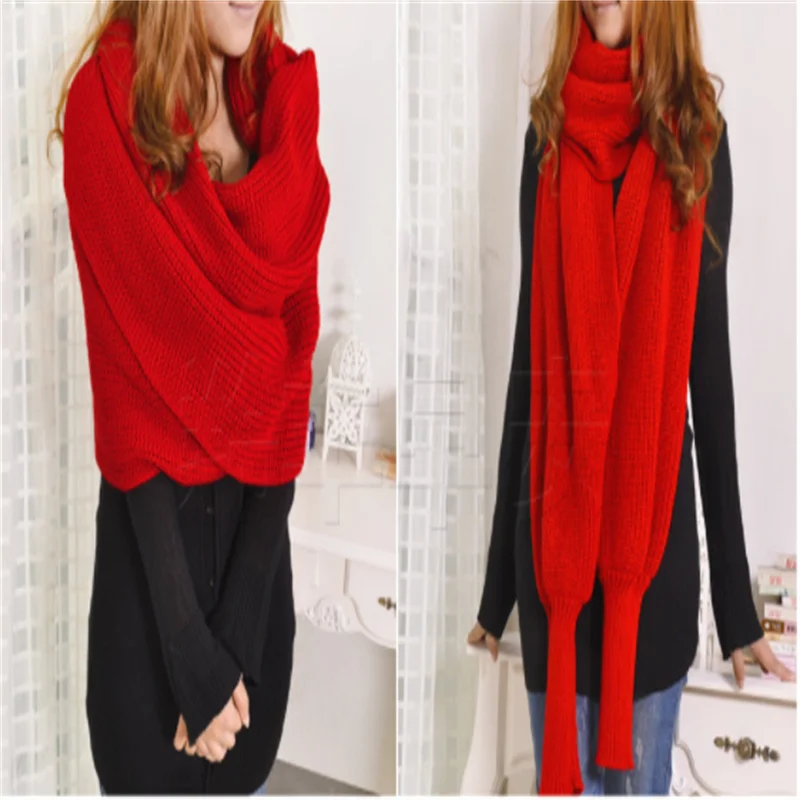 European Style Winter Women Long Scarf With Sleeves Wool Knitted Scarves For Women Thick Warm Casual Shawl High Quality