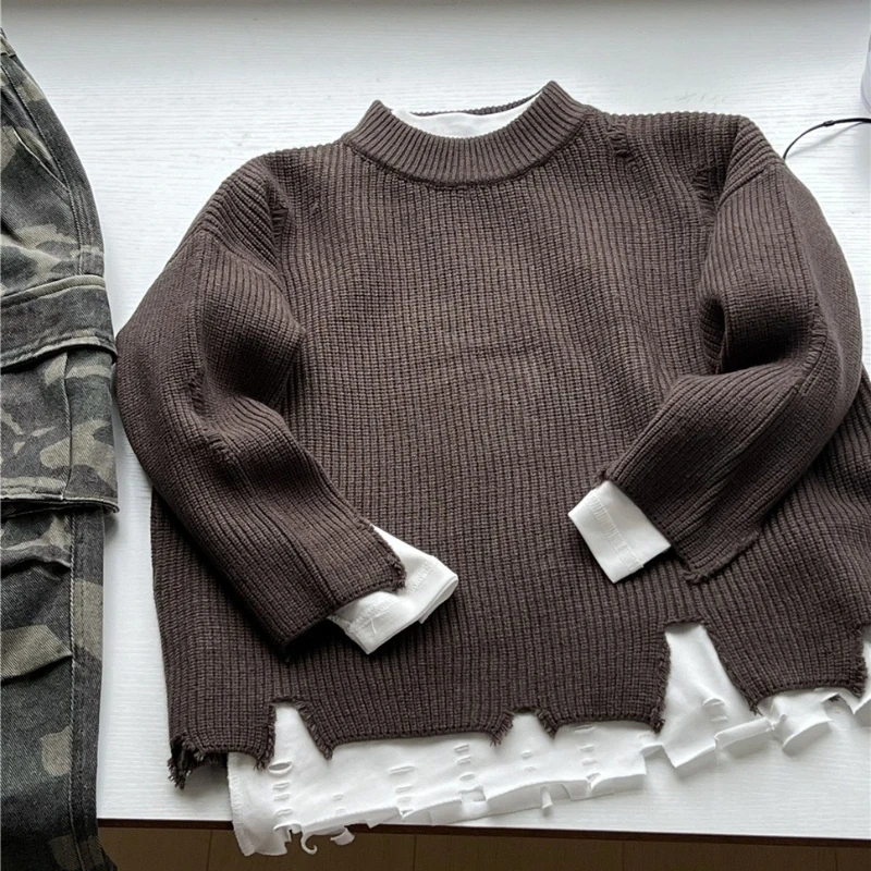 

Осень/зима 2022, новый детский однотонный теплый вязаный свитер с круглым вырезом и поврежденным дизайном