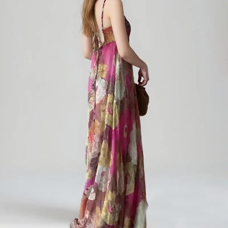 Vestido Maxi Estampado E de Verão Nova Chegada Roupas Fenas Vestido Sem Alças Manga Longa com Zíper Casual