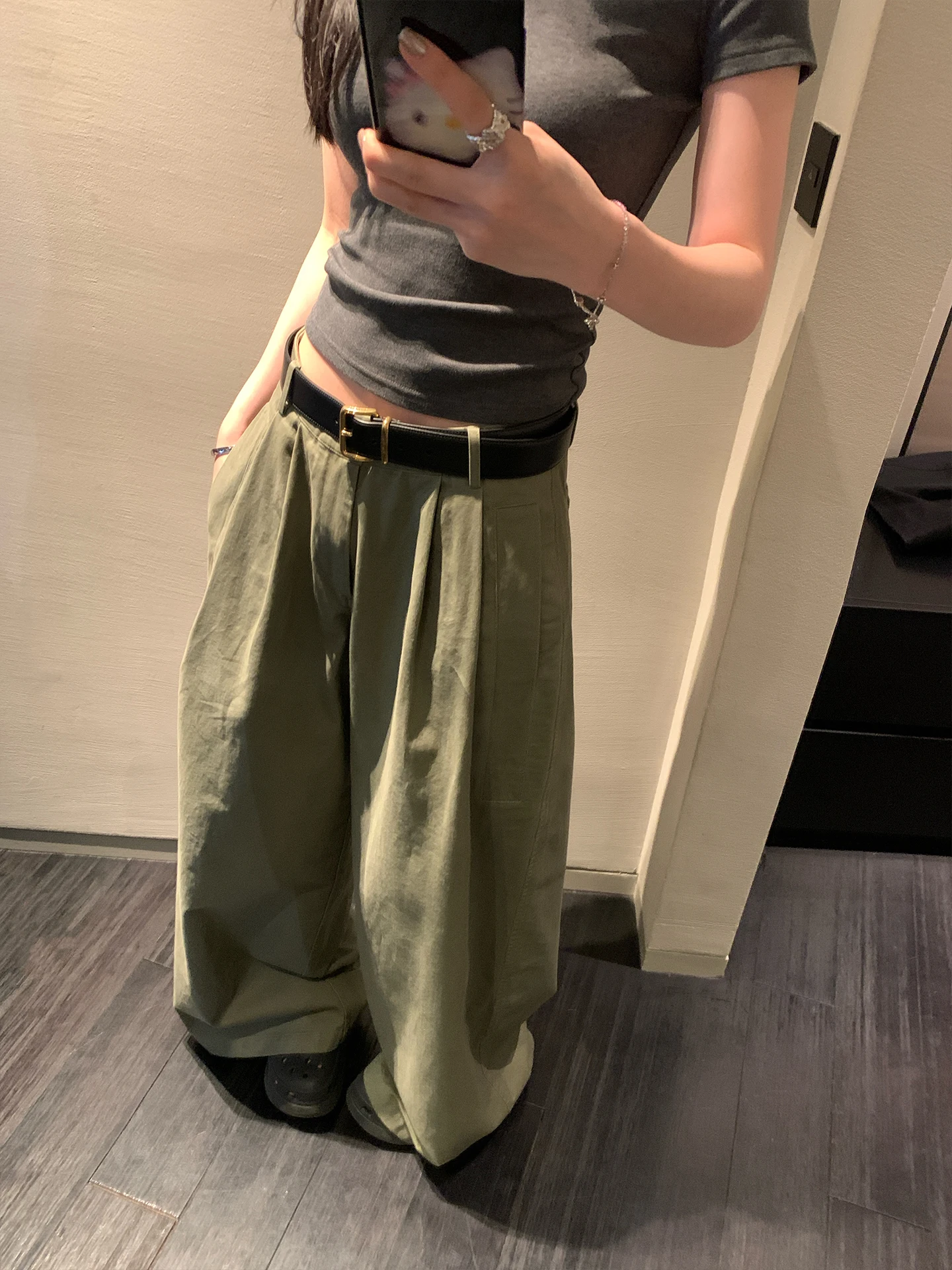 

Fashionable Washed Workwear Pleated Wide Leg Casual Pants Loose Fit Straight Cut Natural Waist Zipper Closure Cotton Pure Color