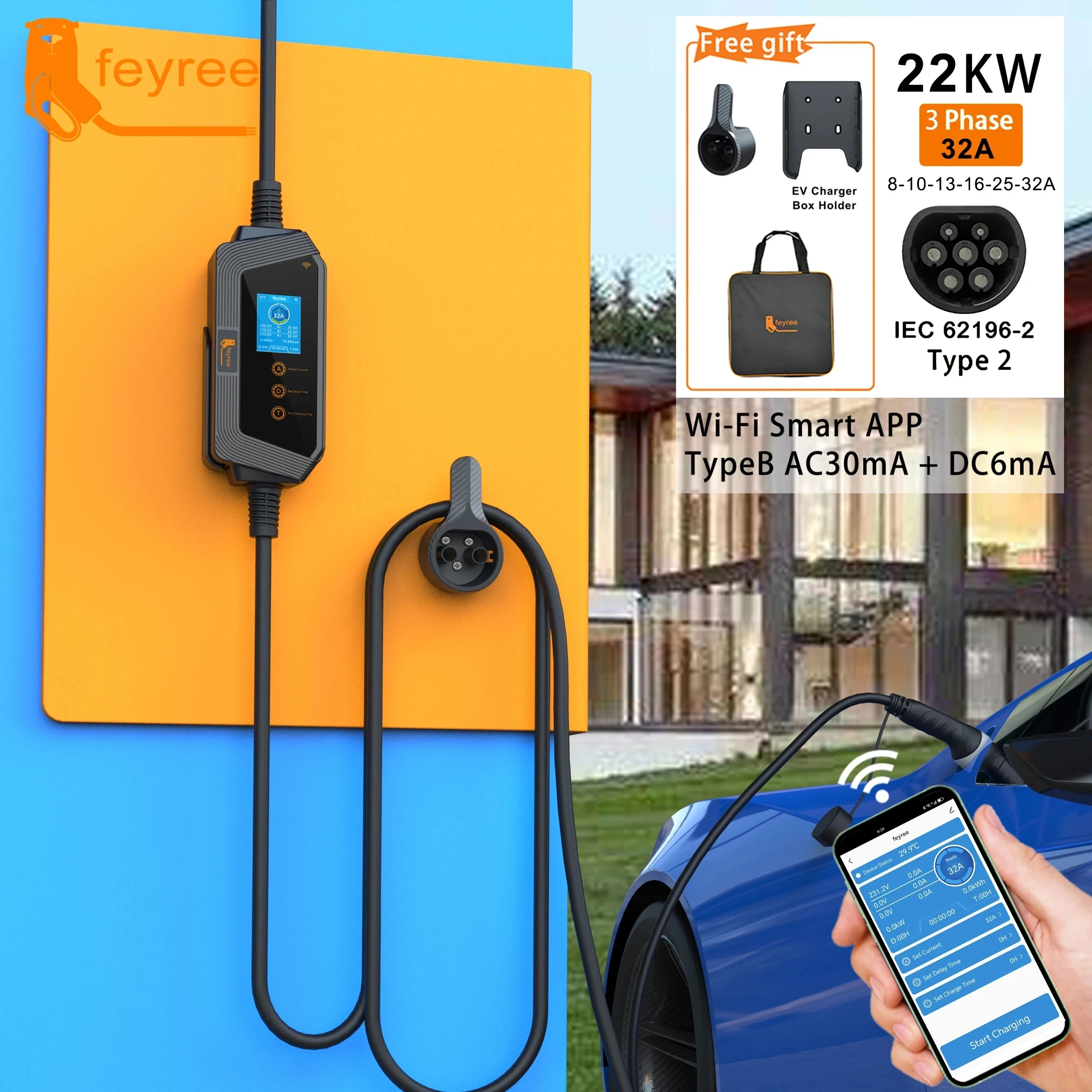 Feyree 22KW 32A 3 เฟส Type2 แบบพกพา EV Charger Wi-Fi APP ควบคุม EVSE กล่องชาร์จสถานีชาร์จสําหรับรถยนต์ไฟฟ้า Charger