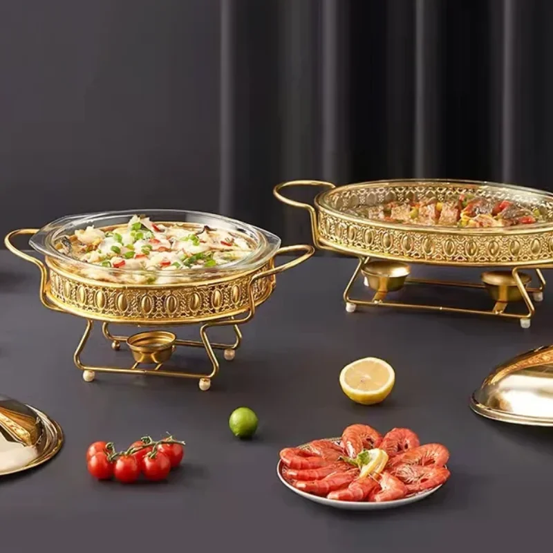 Luxury Golden Oval Food Warmer, Stainless Steel Scrubbing Plate with Glass Lid for Buffet Server