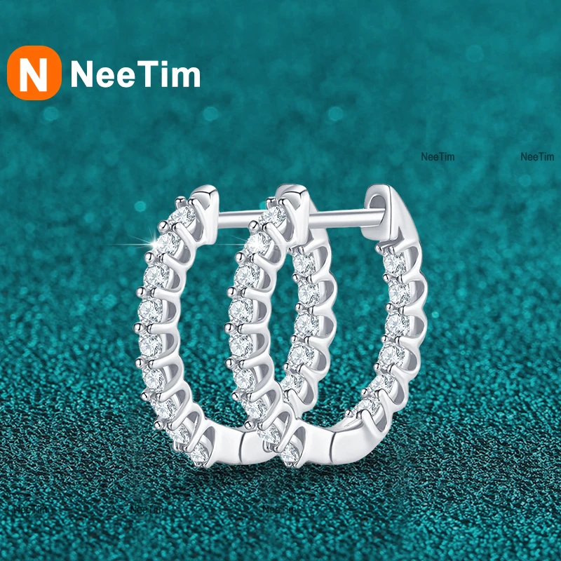 

NeeTim Full 1.5mm D Color Moissanite Ear Hoop Earrings 925 Sterling Silver Earring For Woman Wedding Engagement Trendy Jewelry