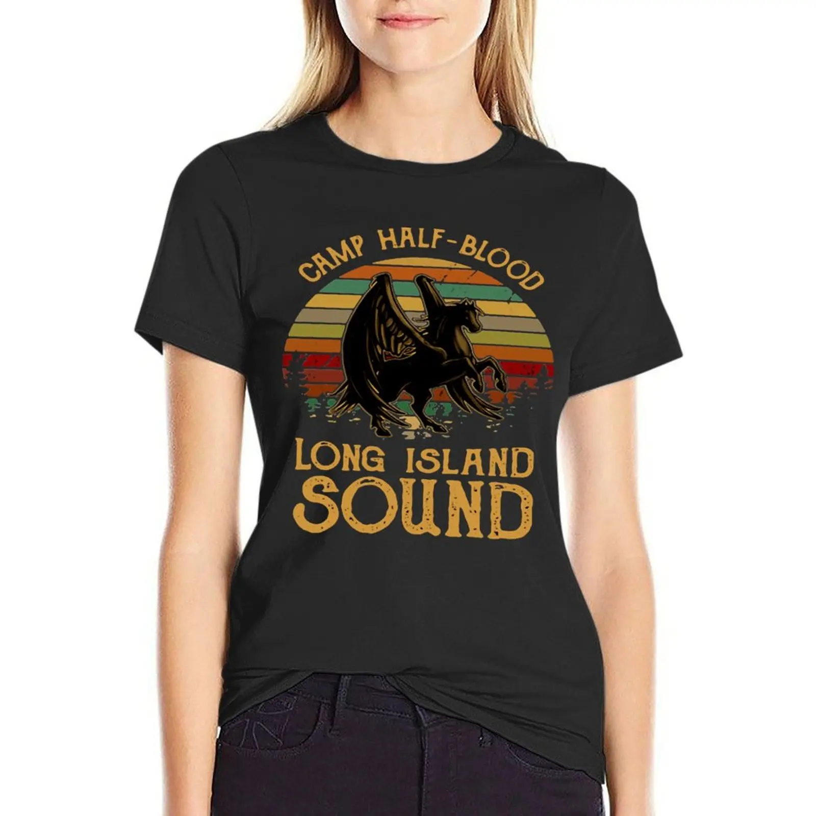 

Vintage Percy Jackson Camp Half Blood Long Island Sound Sunset T-Shirt blacks summer clothes t-shirts for Women cotton