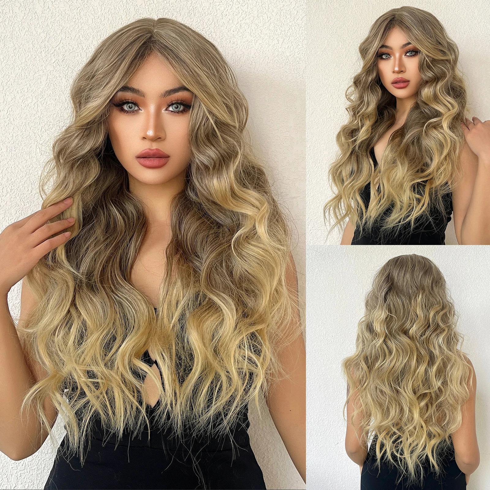 

Brown Blonde Synthetic Wigs Long Water Wave Curly Wig Middle Part Fluffy Deep Wave Wig Hair for Women Daily Party Heat Resistant