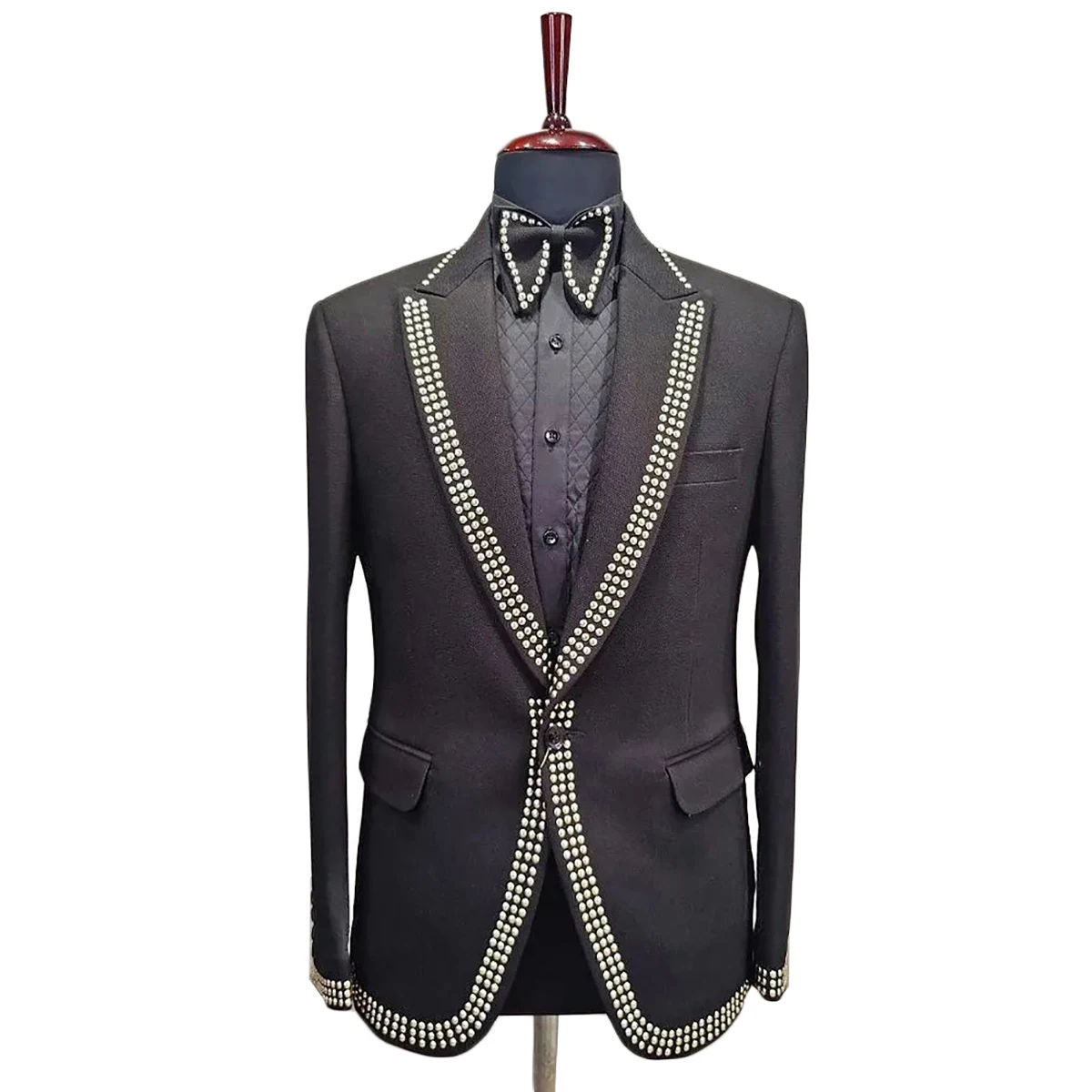 Vintage Luxury Men Suits Tuxedo Beads Peaked Lapel One Button Pockets Customized 2 Pieces Blazer Pants Tailored Formal Fashion