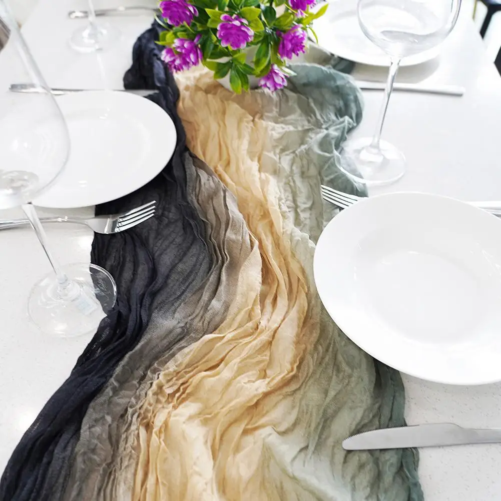 Table Runner for Dining Table Bohemian Style Wedding Party Table Tie-dye Gradient Color Gauze Pleated for Prom