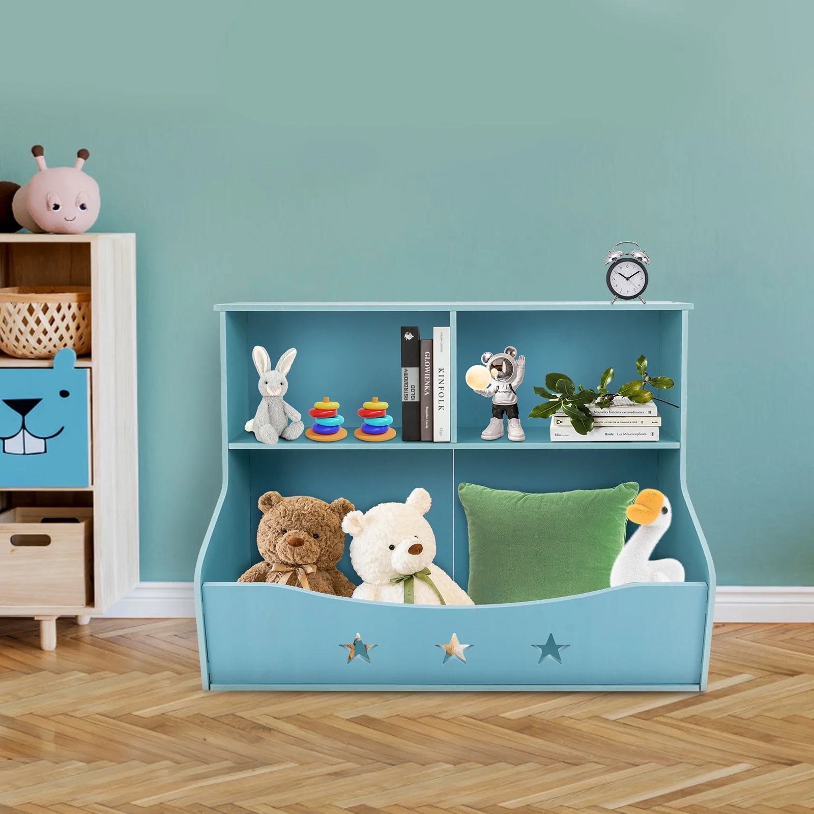 Children’s Book Shelf, PVC Board, 2 Vertical Compartments, Large Bottom Bin, Cute Light Blue Design, Ideal for Books and Toys