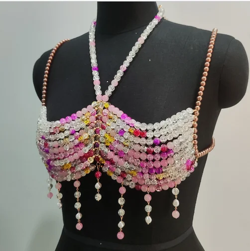 

Sexy gradient color glass Handmade bead body chain imitation precious metal chest women's clothing inner pearls