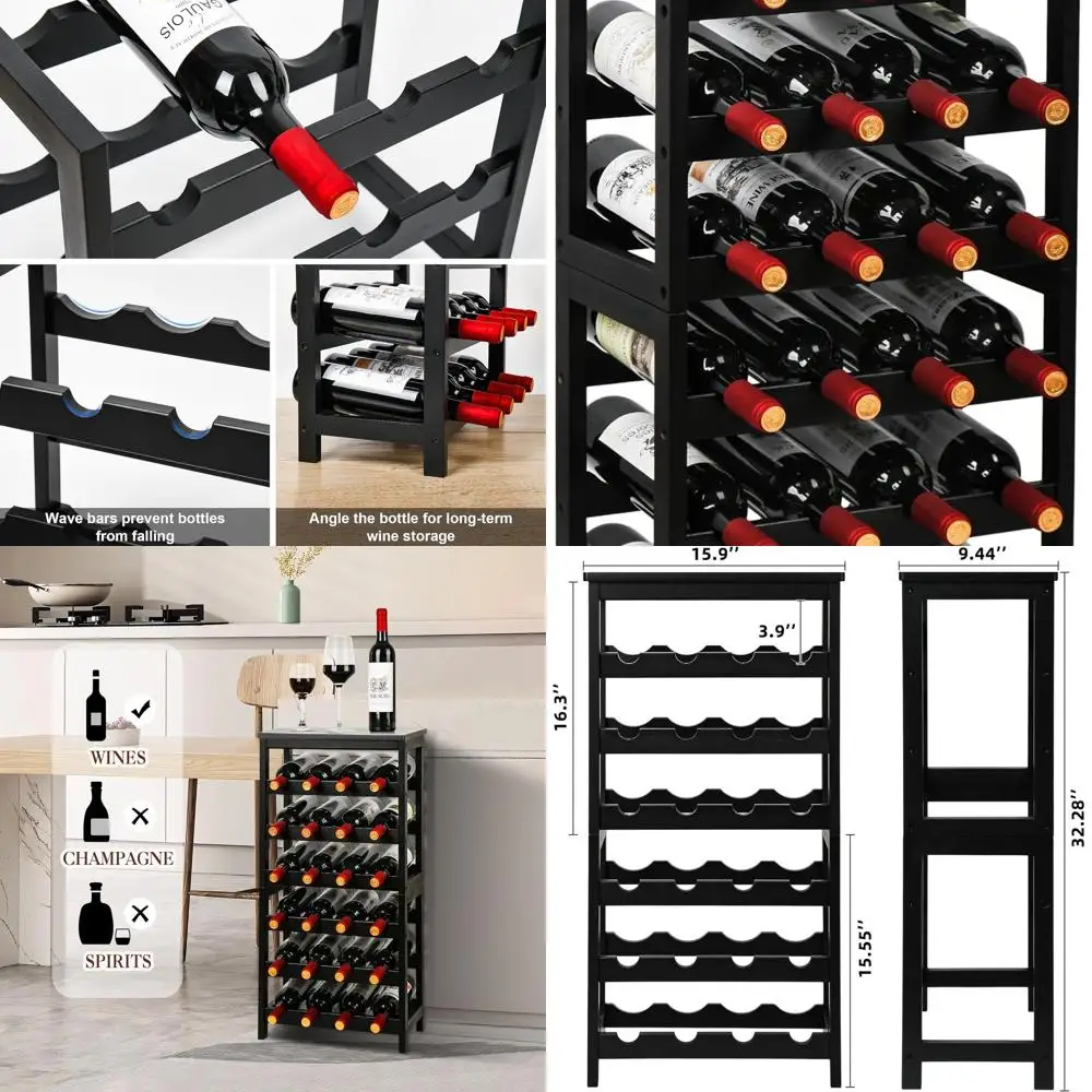 

6-Tier Bamboo Wine Rack - 24-Bottle Floor Standing Display Shelf for Home Bar & Kitchen