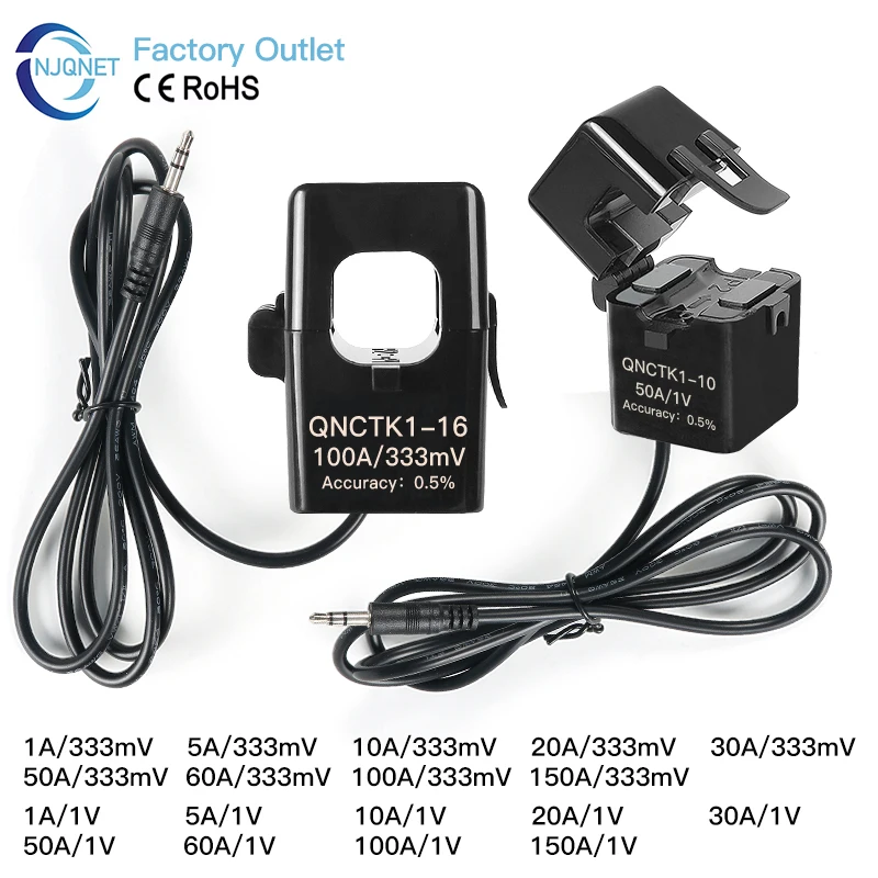 Split Core Ct Transformer QNCTK1-16 1A 1V 10A 20A 0.333mV 100A 333mV Ferrite Core CT Sensor Clamp Current Transformer 100A/50mA