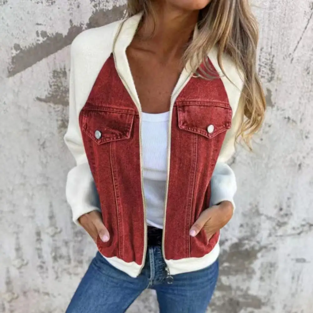 

Women Denim Jacket Stylish Color Block Women's Jacket with Zip-up Pockets Raglan Sleeves for Fall Winter Fashion Wear for Women